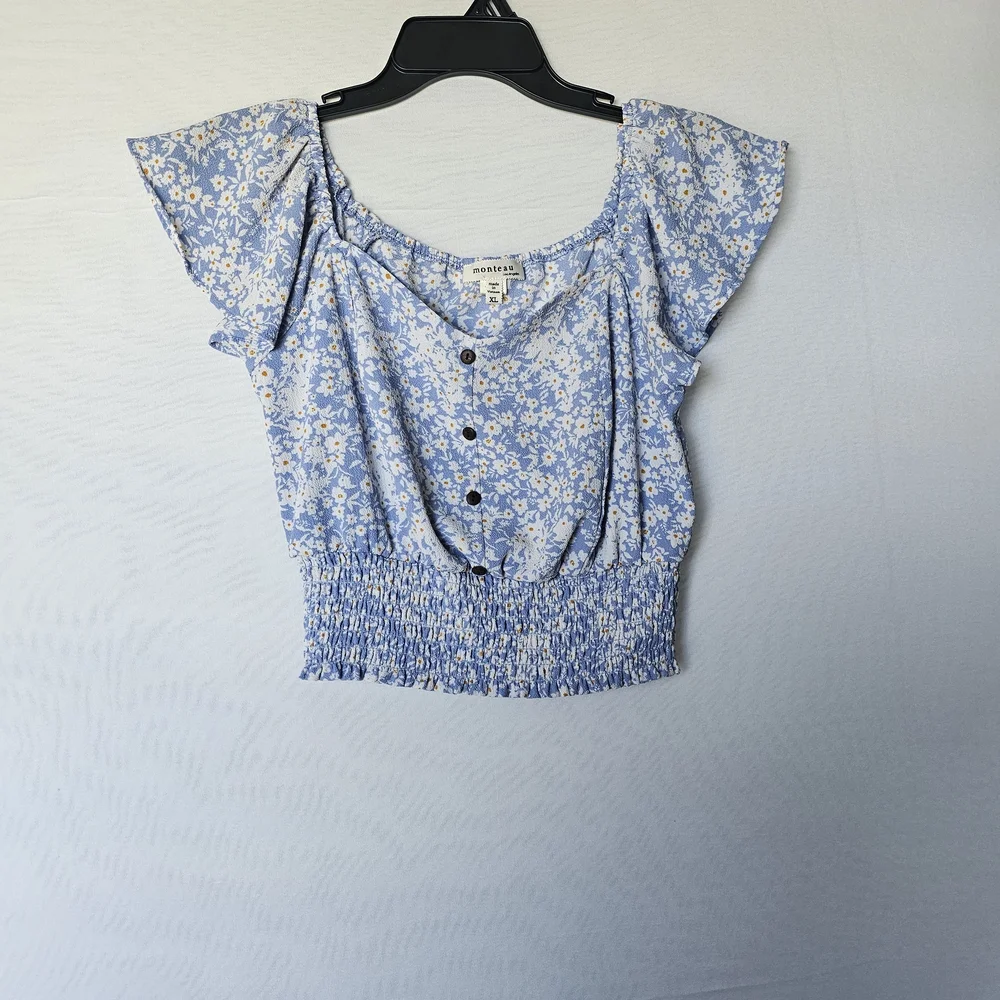 Monteau Blue Floral Smocked Crop Top Off The Shoulder XL